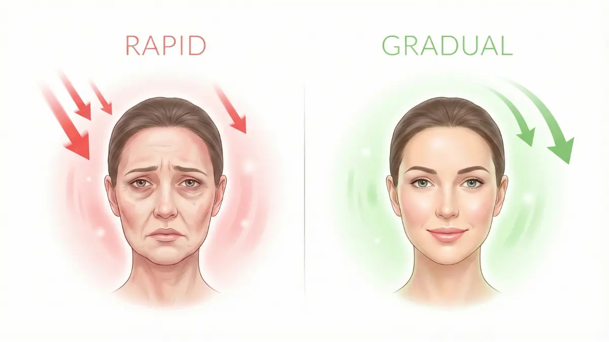 Comparison chart showing rapid vs gradual weight loss effects on facial aging, skin elasticity, and collagen preservation