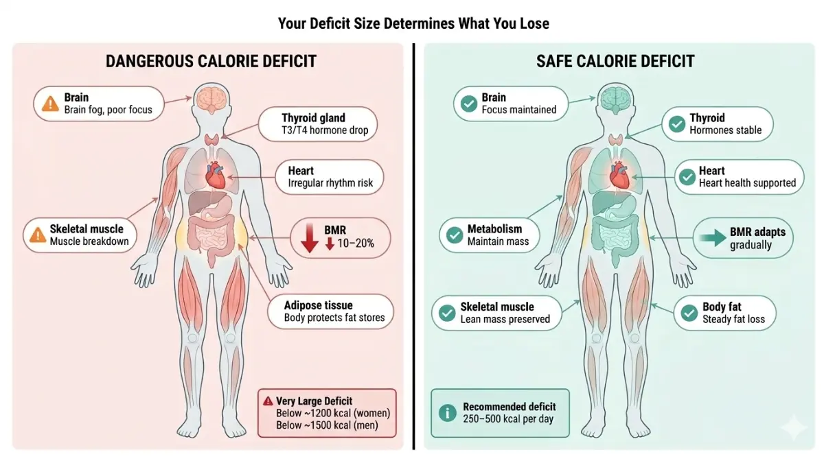 Medical anatomy comparison showing safe vs dangerous calorie deficit effects on metabolism, muscle, hormones, and heart health for a Calorie Deficit Calculator