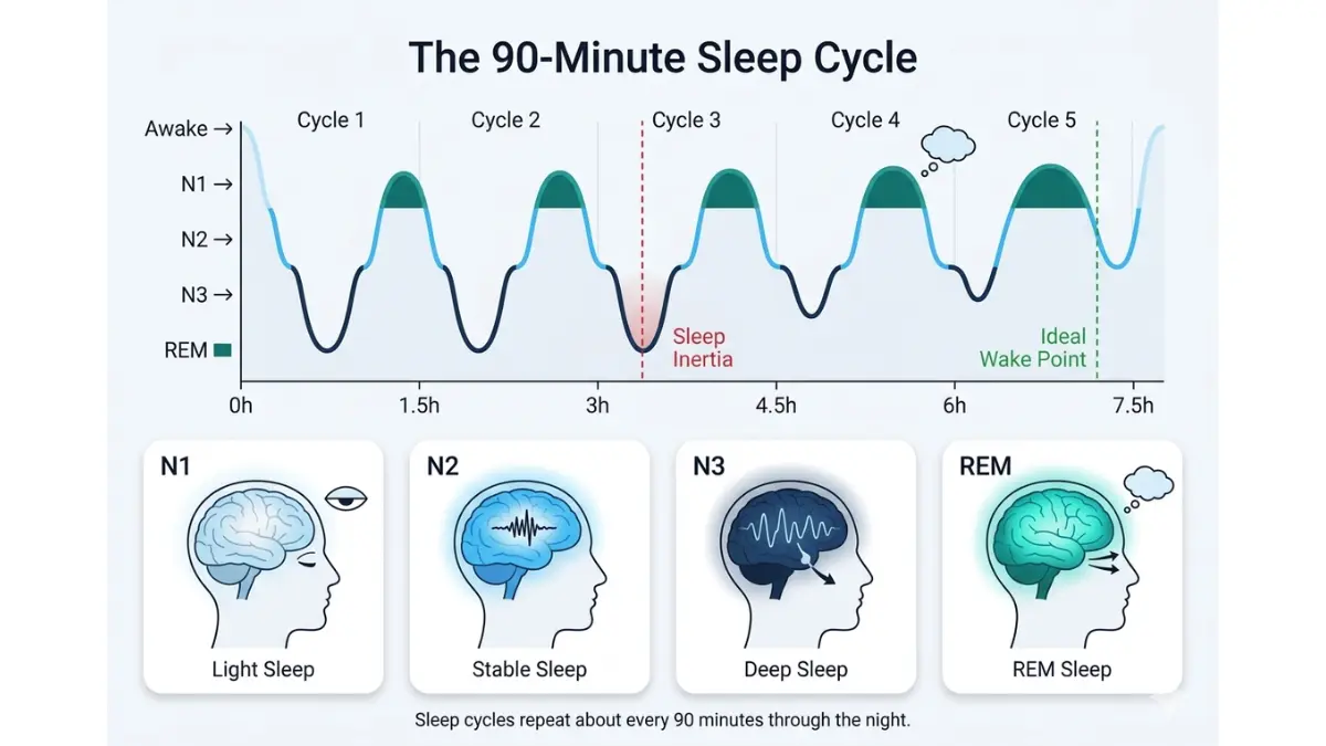 Sleep Calculator diagram showing the 90 minute sleep cycle stages including N1 N2 N3 deep sleep and REM brain activity