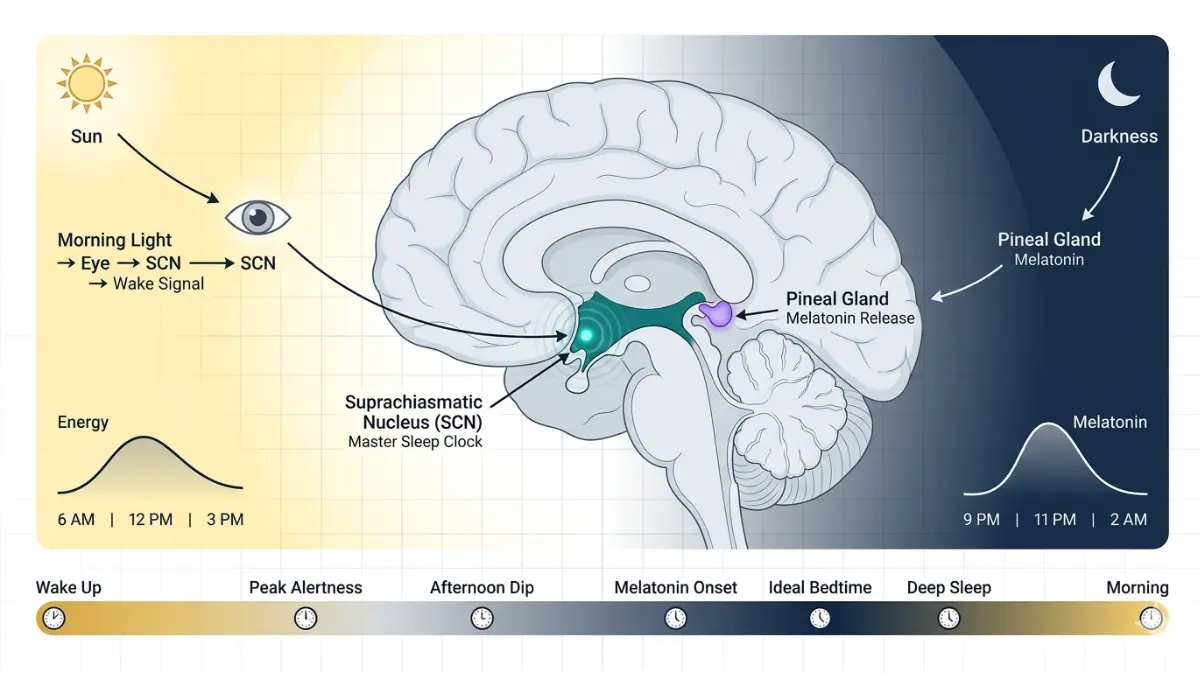 Sleep Calculator circadian rhythm medical diagram showing the brain suprachiasmatic nucleus controlling melatonin release and bedtime timing