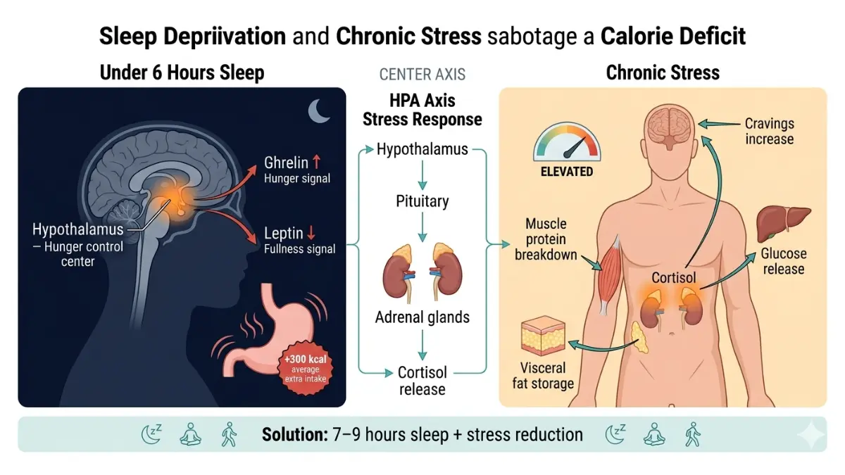 Medical anatomy diagram showing how sleep deprivation alters ghrelin and leptin hormones and how cortisol from chronic stress disrupts a Calorie Deficit Calculator fat loss plan
