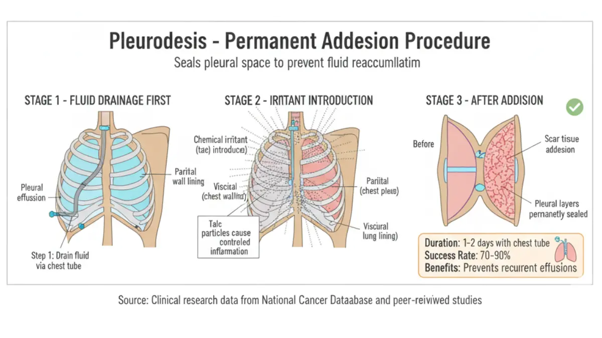 Medical diagram illustrating thoracentesis and pleurodesis palliative procedures for mesothelioma symptom relief with step-by-step anatomical cross-sections