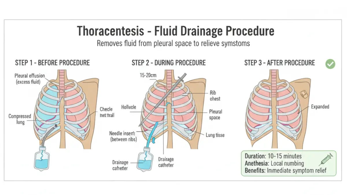 Medical diagram illustrating thoracentesis and pleurodesis palliative procedures for mesothelioma symptom relief with step-by-step anatomical cross-sections