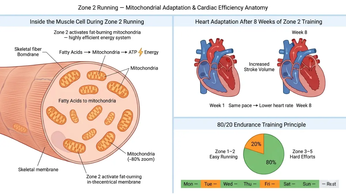 Pace Calculator showing zone 2 running benefits mitochondrial growth and heart stroke volume adaptation