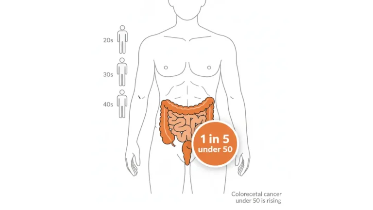 Medical anatomy illustration highlighting colon and rectum showing 1 in 5 colorectal cancer cases now diagnosed under age 50