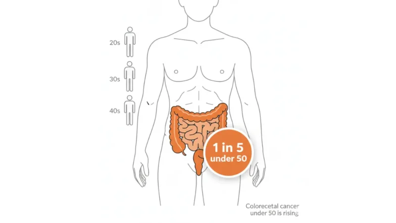 Medical anatomy illustration highlighting colon and rectum showing 1 in 5 colorectal cancer cases now diagnosed under age 50