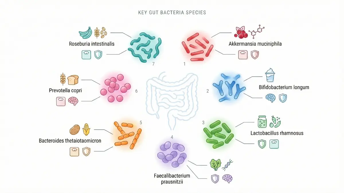 Medical illustration of 7 gut bacteria species including Akkermansia muciniphila Bifidobacterium Lactobacillus that control weight mood and immune function