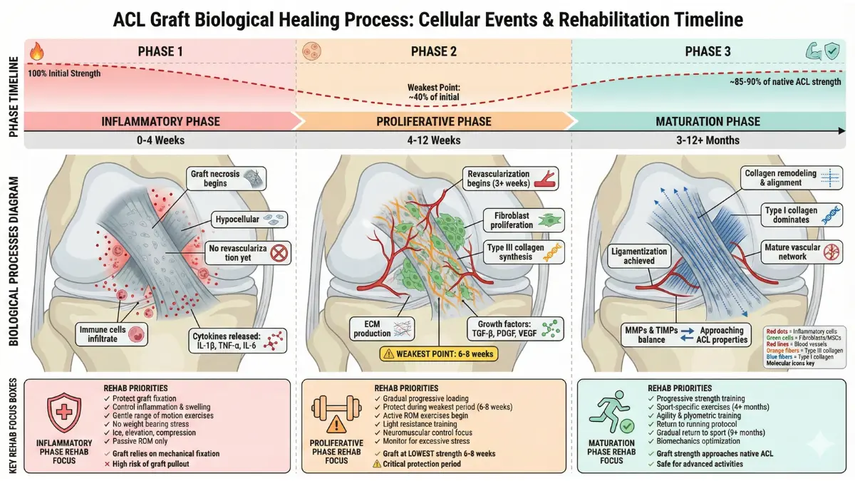 ACL graft healing biology diagram showing inflammatory proliferative and maturation phases with cellular processes vascular growth collagen remodeling and rehab milestones