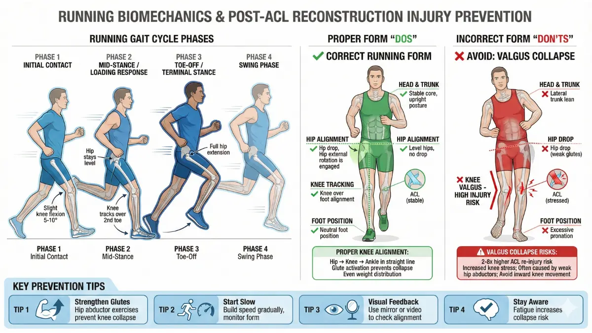 Running biomechanics diagram showing proper gait cycle phases and correct vs incorrect knee alignment to prevent ACL reinjury and valgus collapse