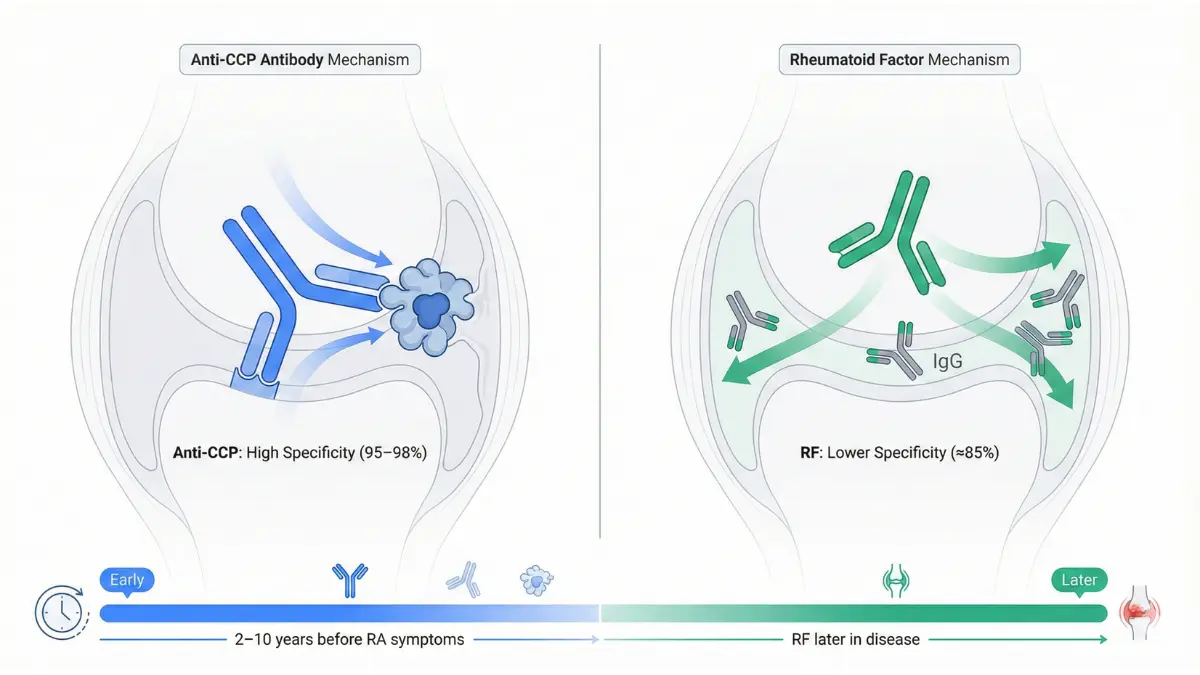 Anti-CCP Test comparison diagram showing antibody targeting mechanism versus rheumatoid factor in rheumatoid arthritis