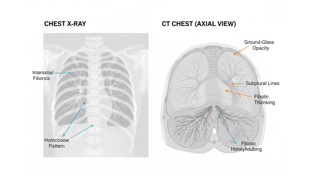 Medical illustration of chest X-ray and CT scan showing asbestosis diagnostic findings including pleural plaques, interstitial fibrosis, and honeycomb lung pattern
