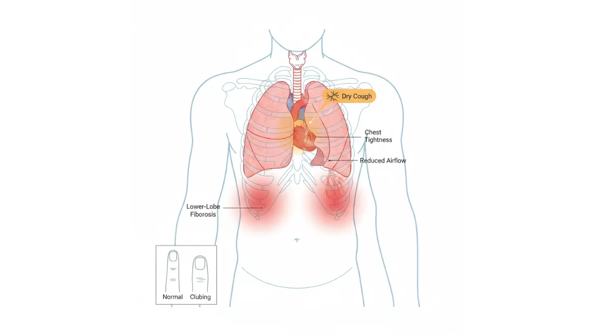 Anatomical diagram of human torso highlighting asbestosis symptoms locations including lower lung scarring, chest tightness, and breathing difficulties