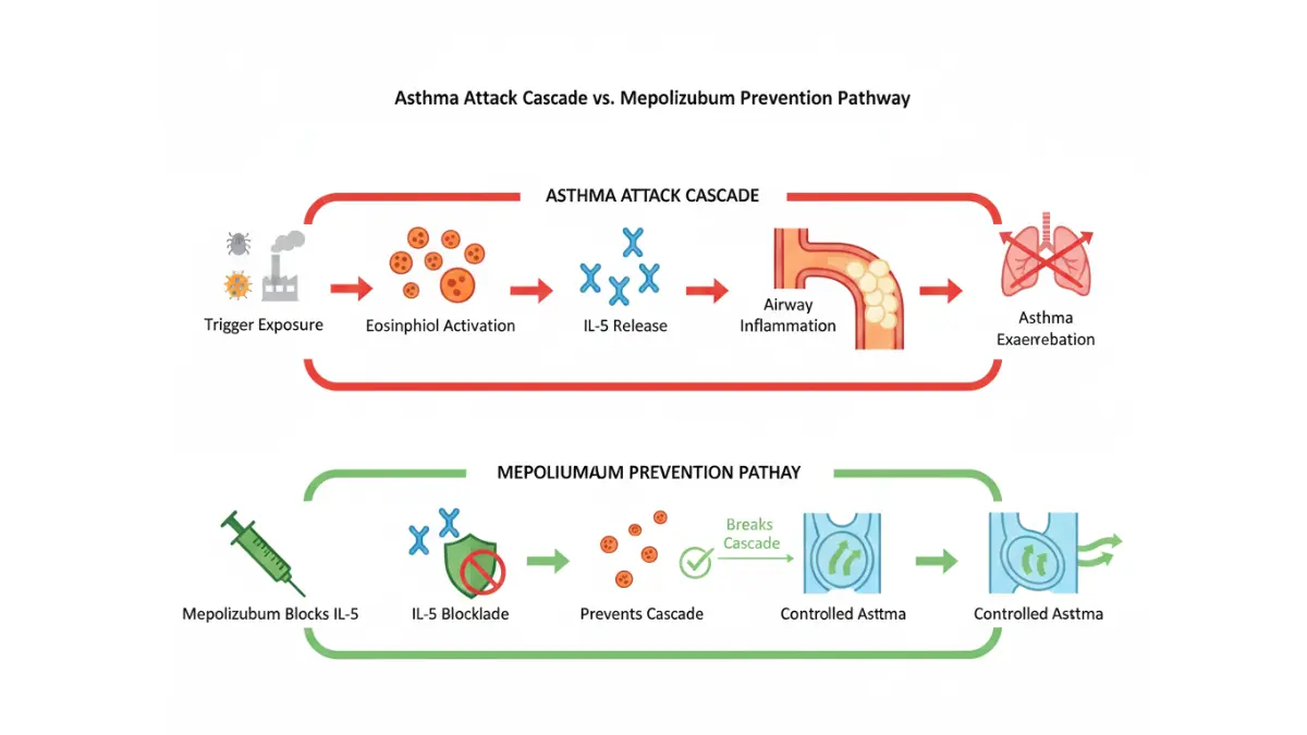 Asthma attack cascade and how mepolizumab prevents IL-5 driven inflammation – Mepolizumab Severe Asthma Treatment