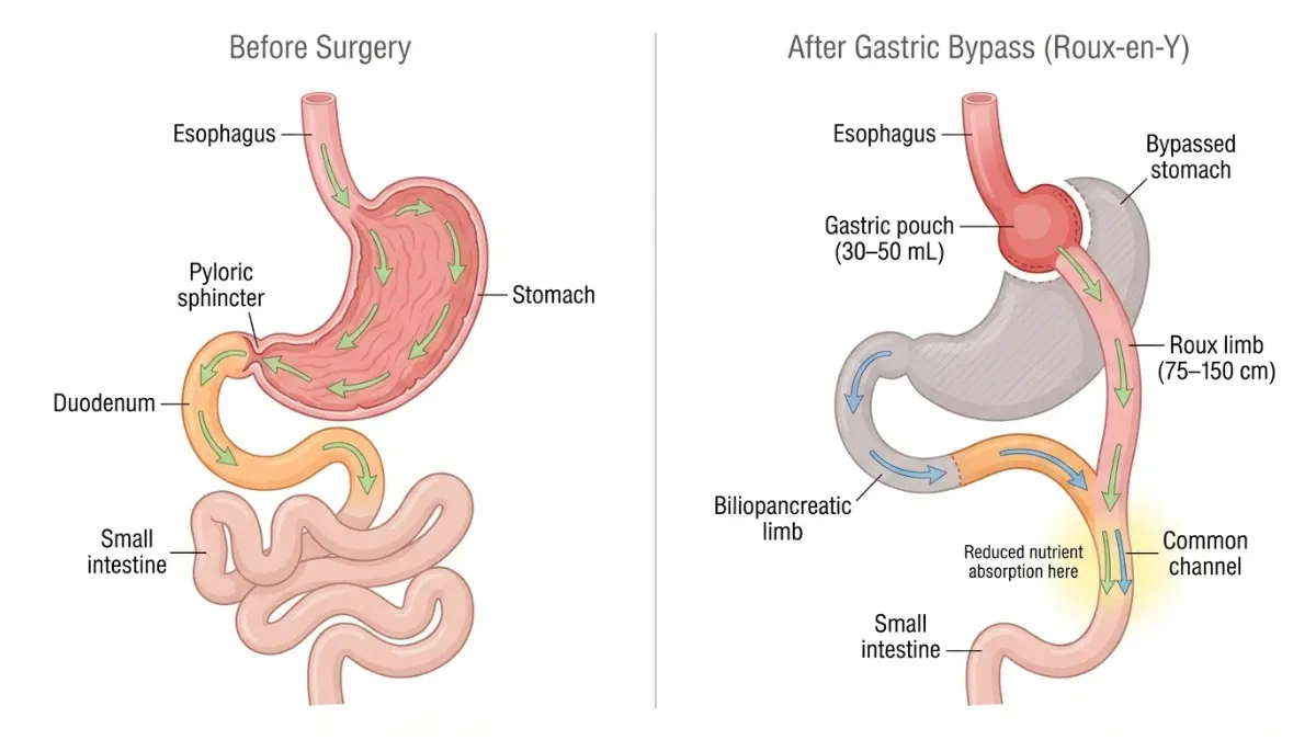 Bariatric Surgery Cost visual explanation of gastric bypass anatomy before and after surgery