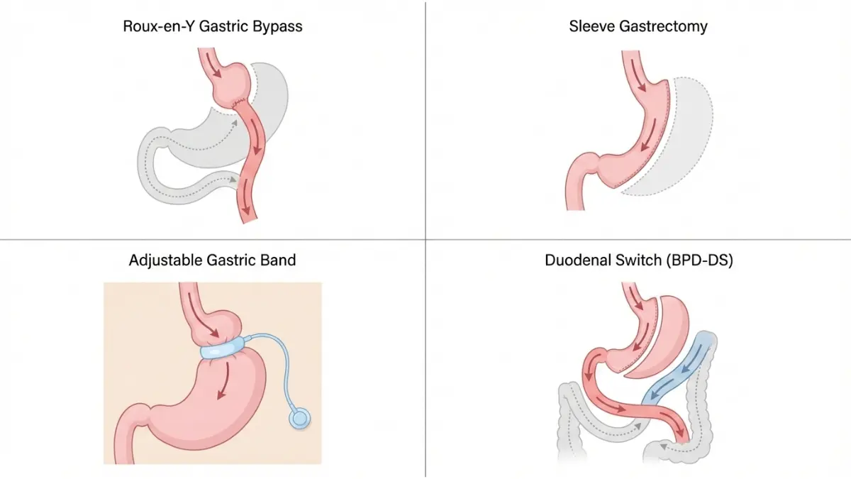Bariatric Surgery Cost comparison showing gastric bypass, sleeve gastrectomy, gastric band, and duodenal switch anatomy