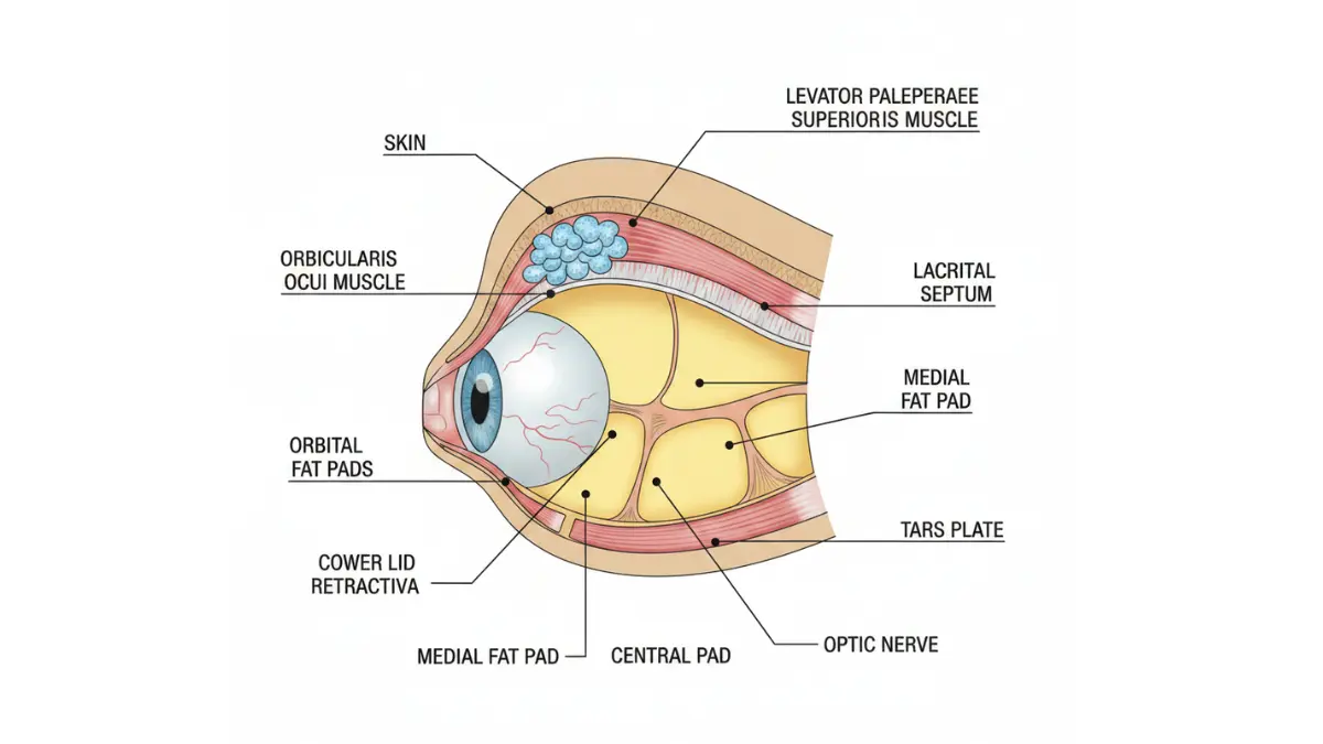 Blepharoplasty anatomical cross-section diagram showing eyelid layers and eye structures