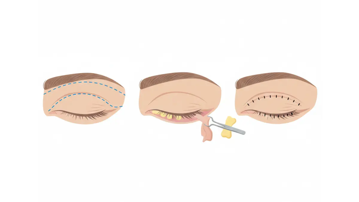 Blepharoplasty step-by-step medical anatomy diagram showing upper eyelid surgery