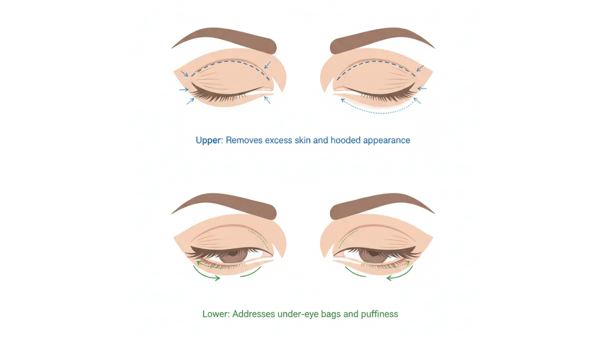 Blepharoplasty comparison diagram showing upper and lower eyelid surgery differences
