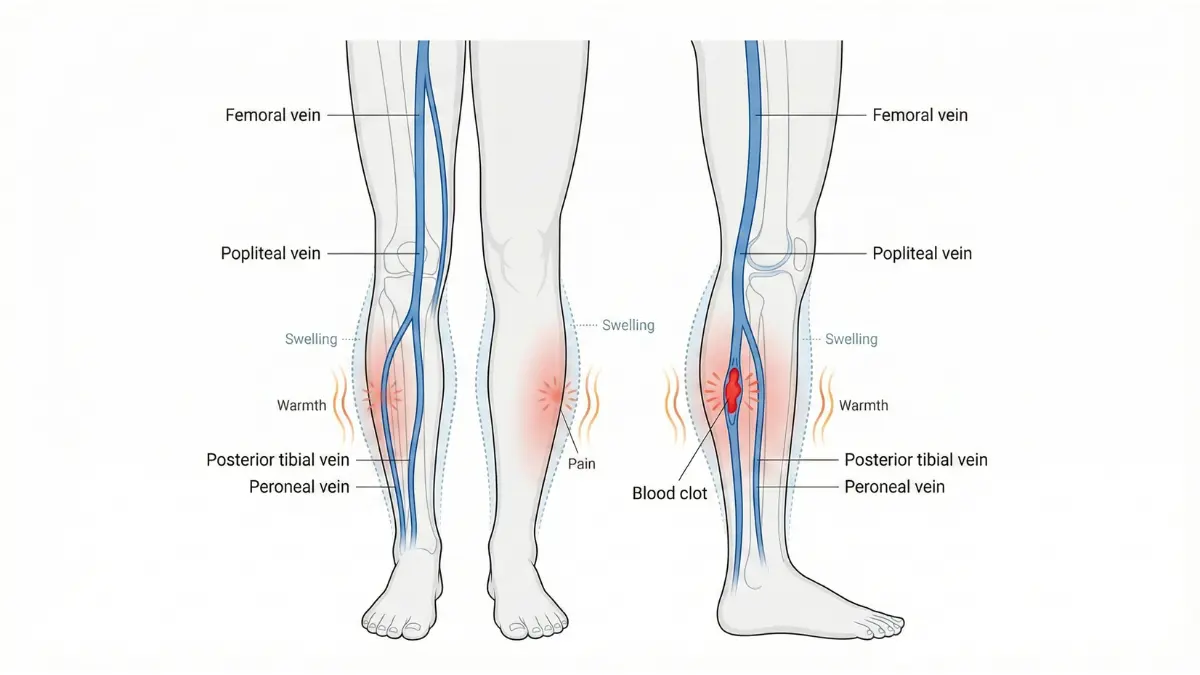 Medical diagram of blood clots in deep leg veins showing DVT anatomy and symptoms