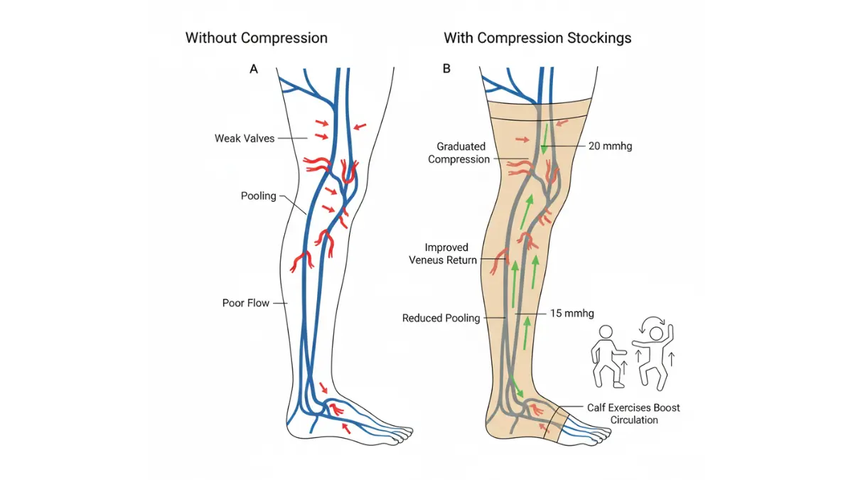 Medical diagram showing how compression stockings prevent blood clots by improving venous blood flow