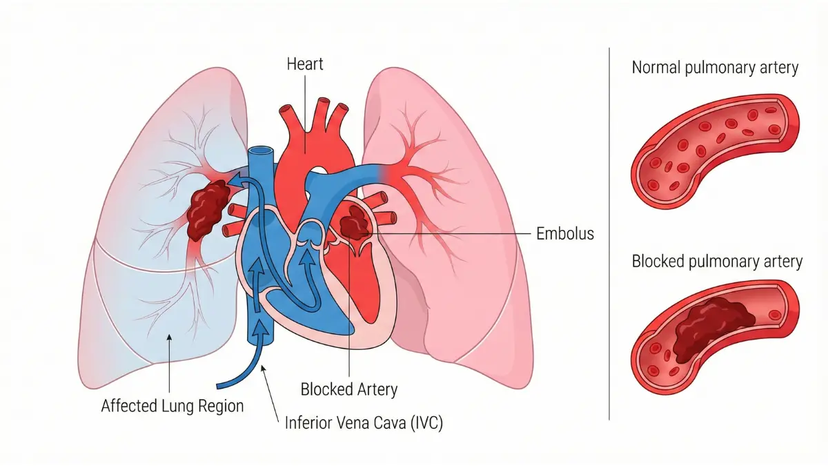 Medical illustration of blood clots causing pulmonary embolism by blocking the pulmonary artery