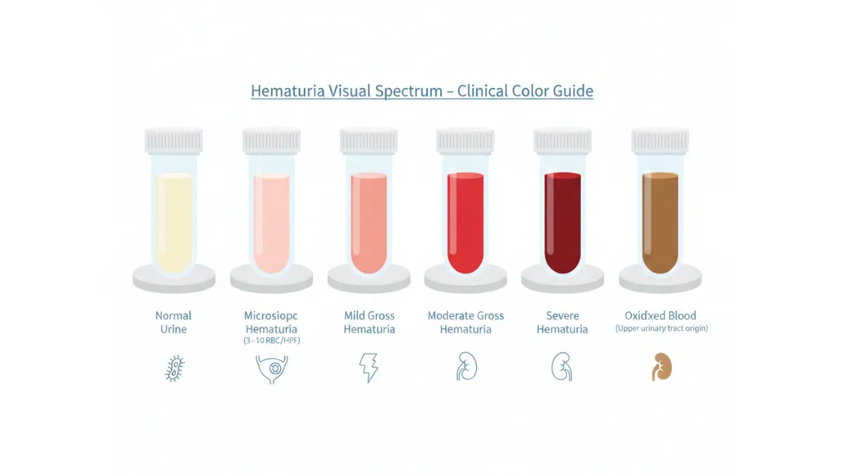 blood in urine color spectrum showing hematuria progression from normal to severe