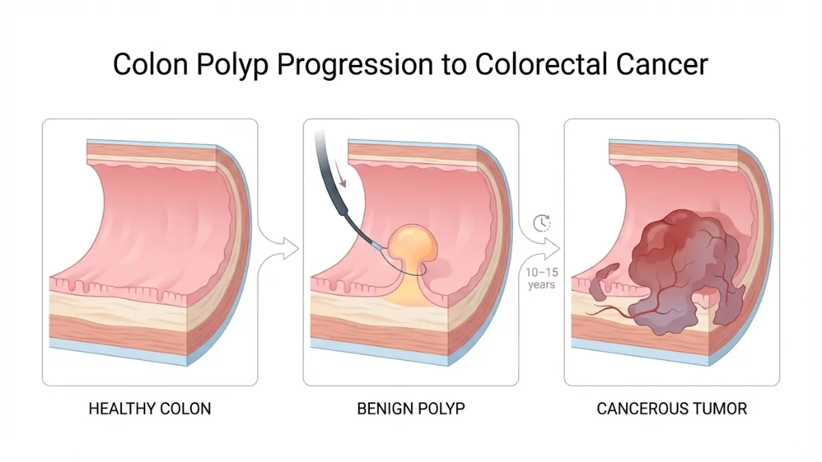 Bowel Cancer Symptoms illustrated through colon polyp progression to colorectal cancer