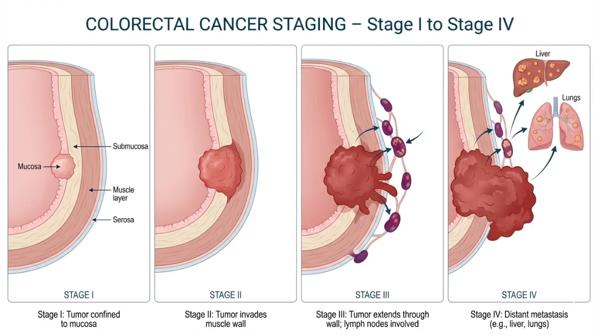 Bowel Cancer Symptoms explained with a colorectal cancer staging diagram from stage 1 to stage 4