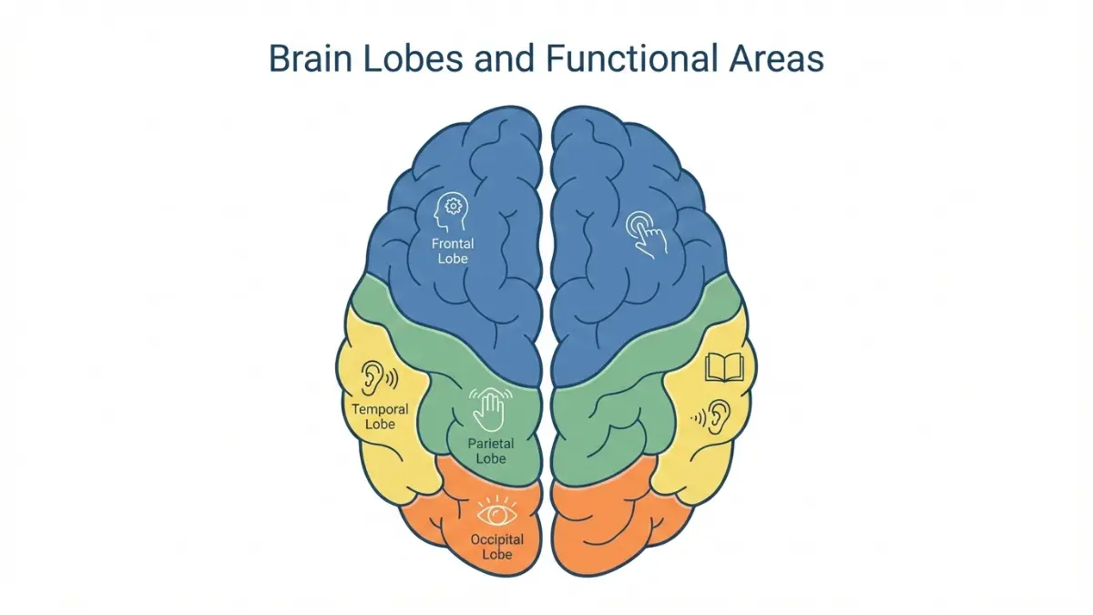 Brain Tumor diagram showing brain lobes and their functional areas