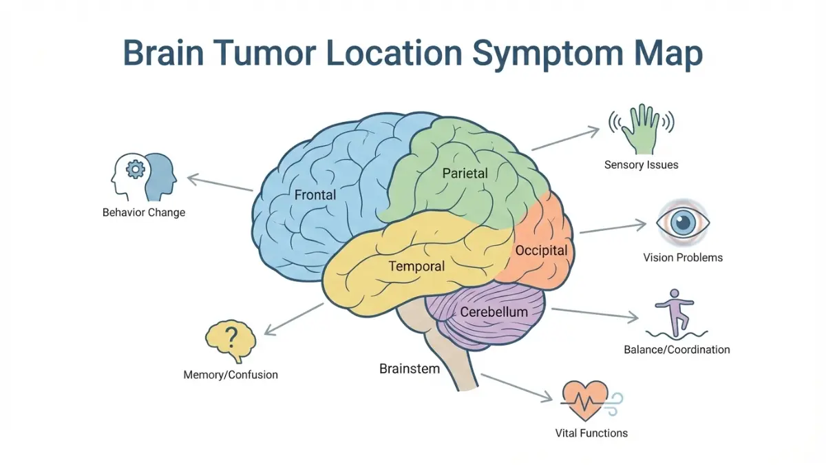 Brain Tumor location symptom map showing neurological effects by brain region