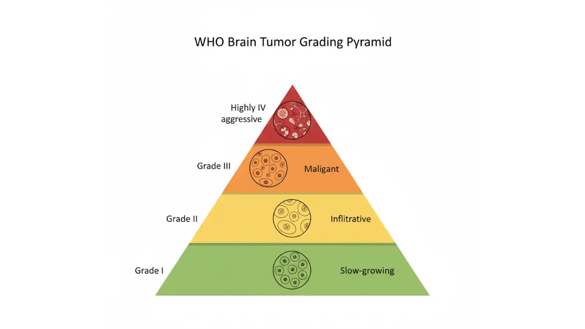 Brain Tumor WHO grading system showing Grade I to Grade IV severity