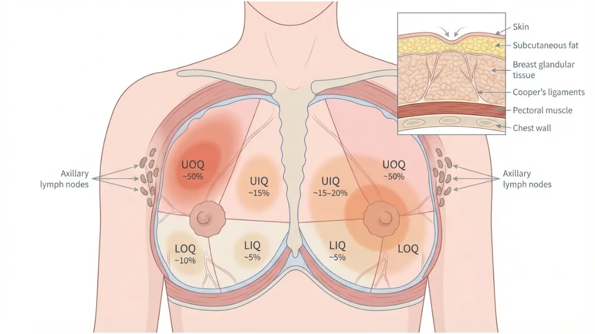 Breast Cancer anatomy diagram showing common symptom locations and tissue layers