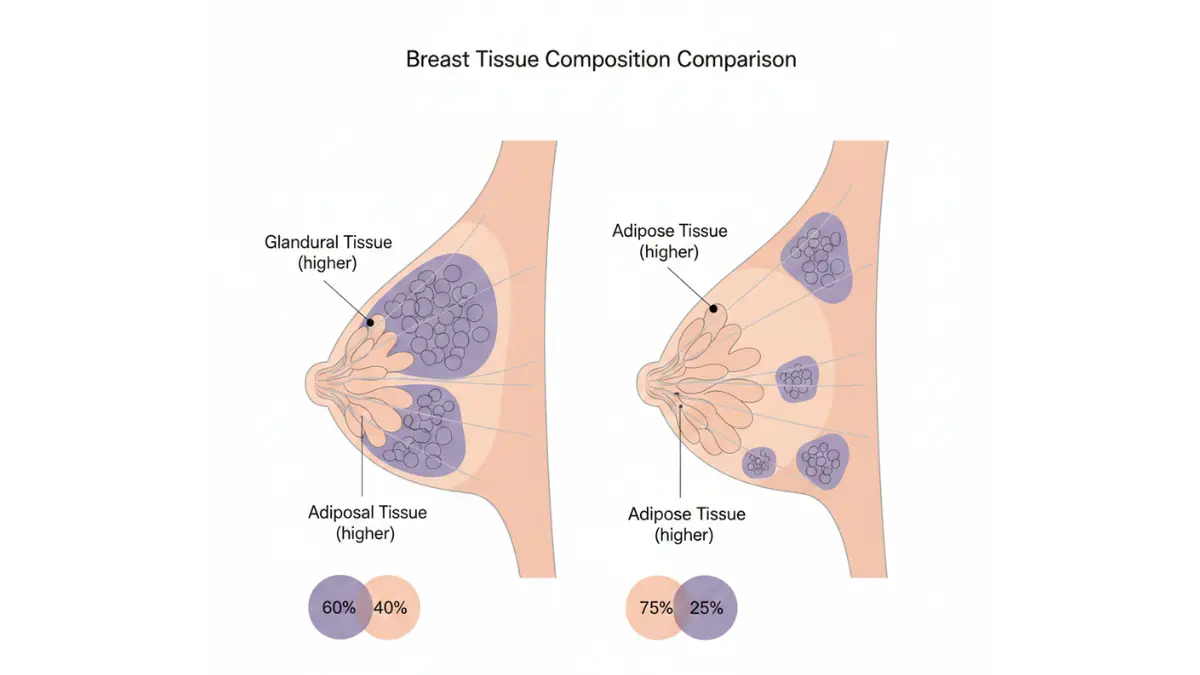 Medical diagram comparing glandular versus adipose breast tissue ratios showing why you cannot increase breast size naturally through diet or supplements