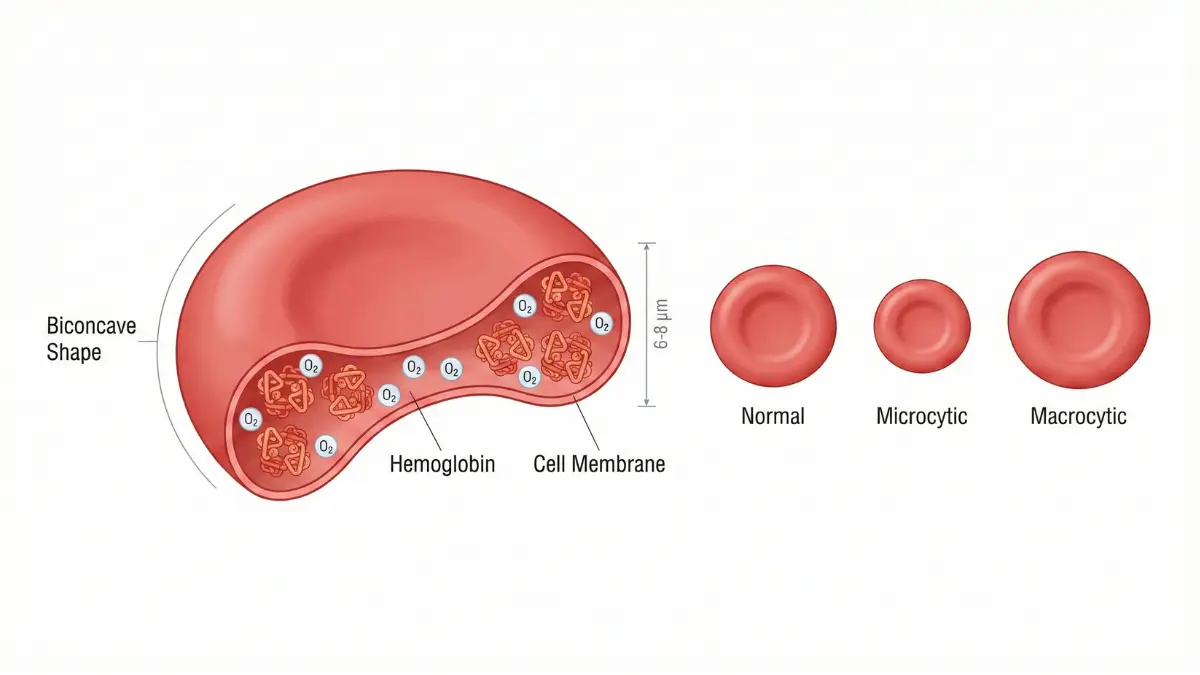 CBC Blood Test Results red blood cell anatomy diagram showing biconcave shape, hemoglobin, and membrane structure