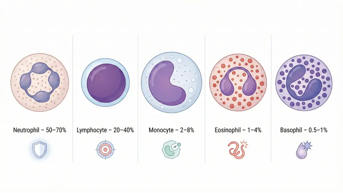 CBC Blood Test Results diagram showing five white blood cell types neutrophil lymphocyte monocyte eosinophil basophil