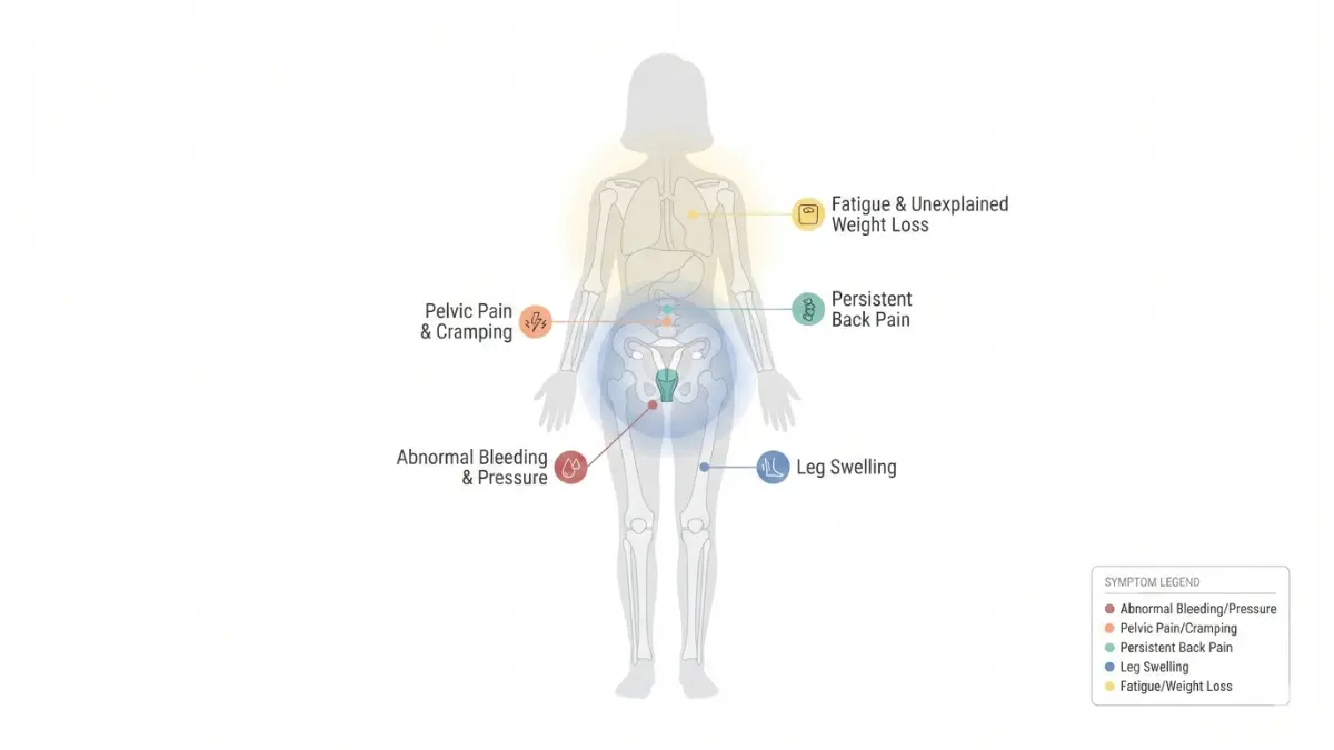 Cervical Cancer Symptoms body map showing where women experience early warning signs