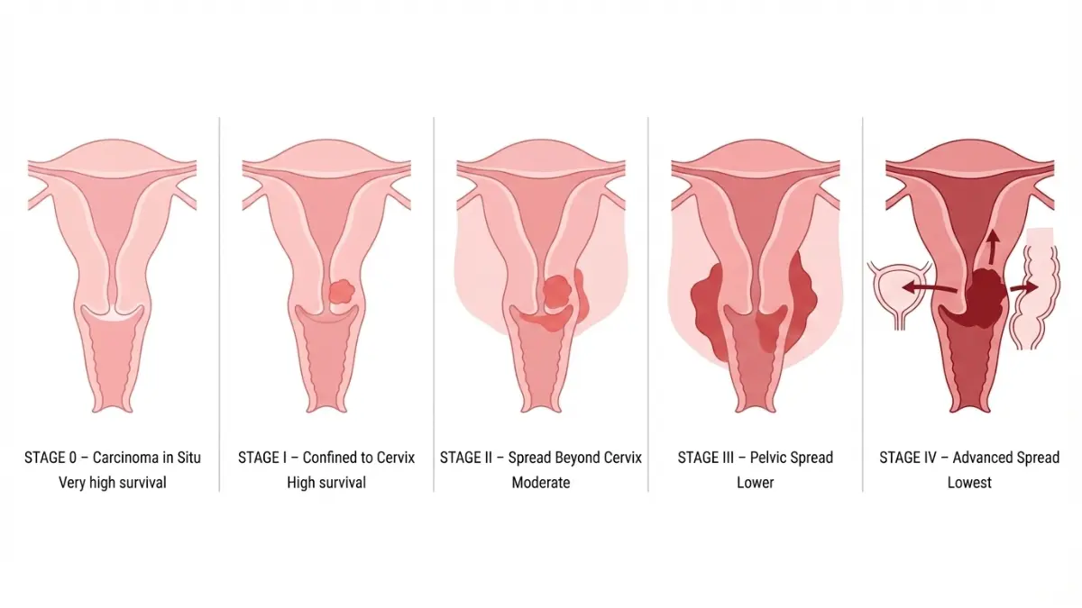 Cervical Cancer Symptoms staging diagram from Stage 0 to Stage IV