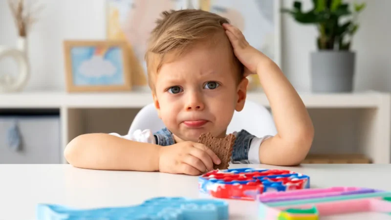 A young child sits at a table holding a snack, looking thoughtful, with colorful toys in the foreground.