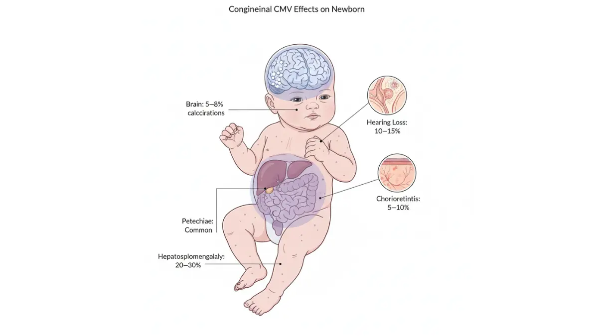 CMV test congenital symptoms diagram showing newborn organ effects including brain, ear, liver, spleen