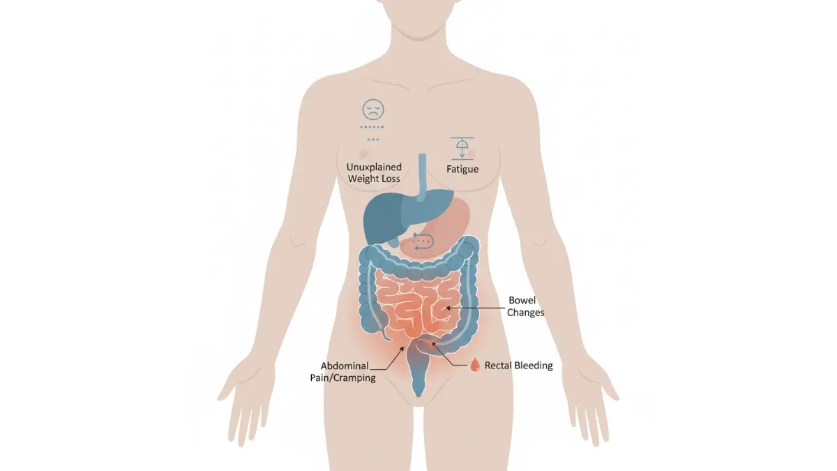 Colon Cancer Symptoms location map showing abdominal pain, rectal bleeding, and bowel changes