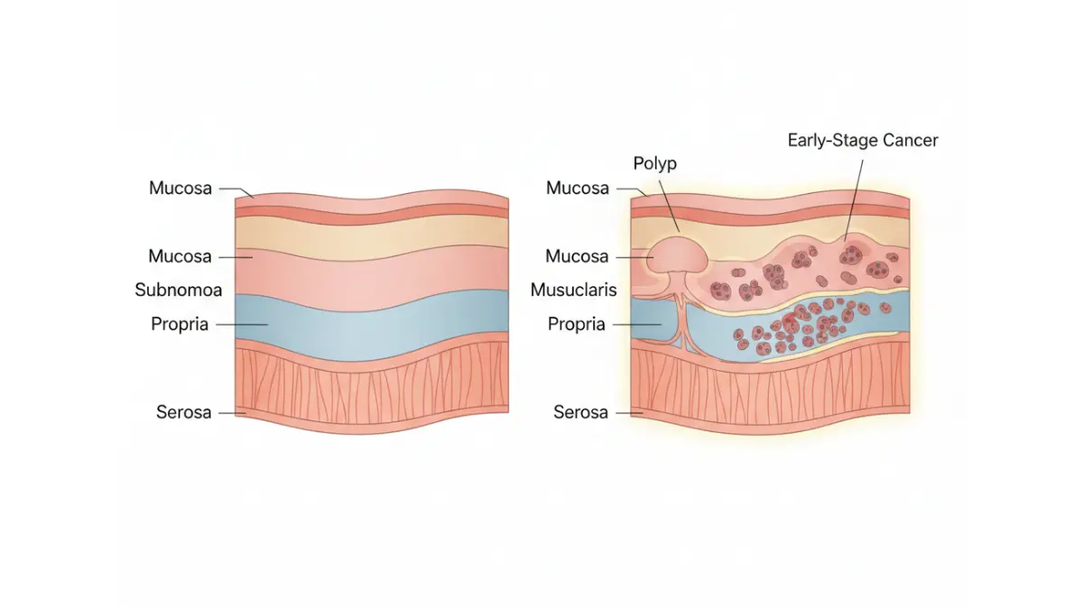 Colon Cancer Symptoms illustrated through colon wall cross-section showing polyps and early cancer