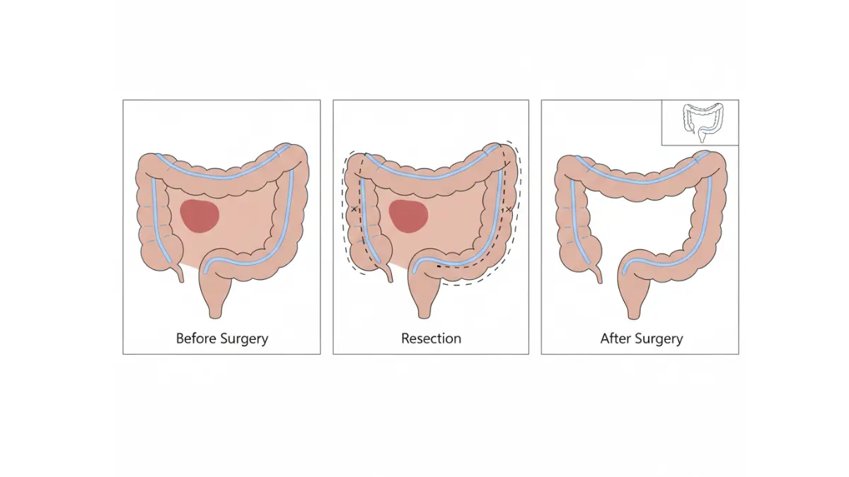 Colon Cancer Symptoms explained through partial colectomy surgery illustration