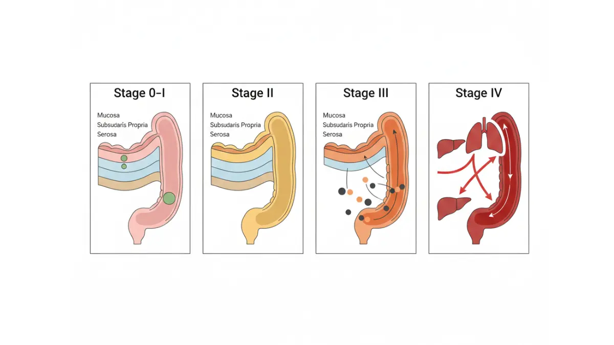 Colon Cancer Symptoms illustrated across four stages from early to metastatic disease