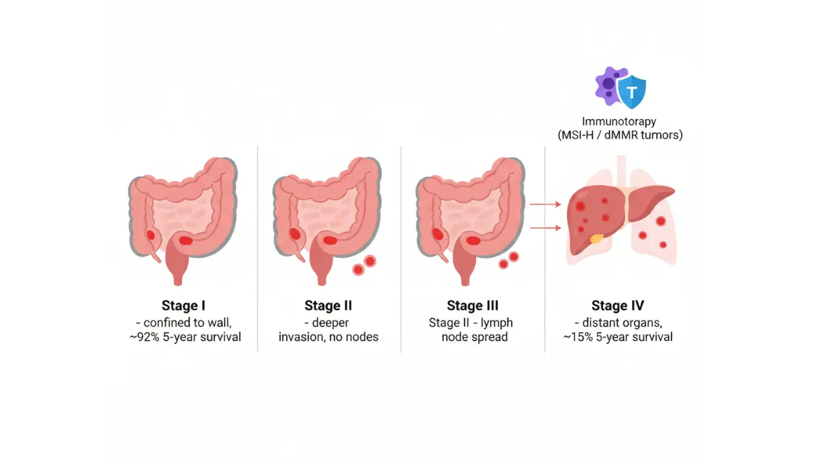 Medical anatomy diagram explaining colorectal cancer stages I to IV with survival rates and immunotherapy relevance as 1 in 5 cases occur under 50