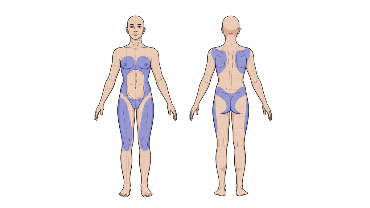 Cosmetic Surgery Cost body contouring diagram showing liposuction areas