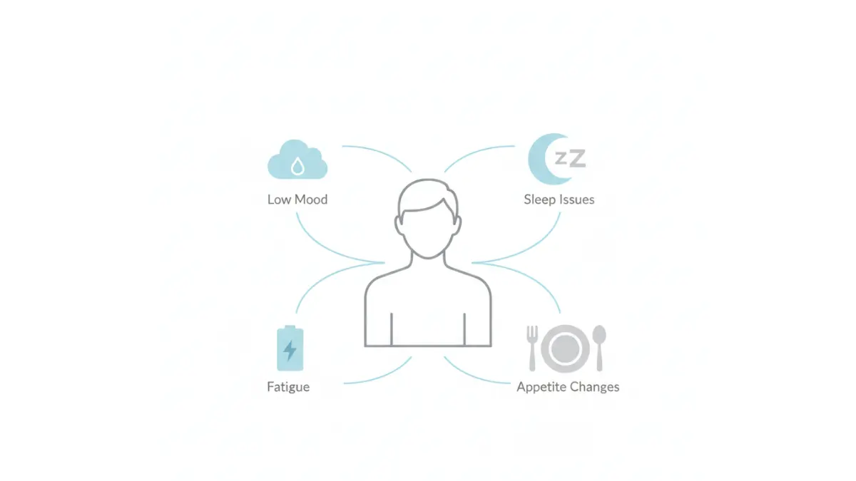 Depression symptoms medical vector illustration showing 9 key warning signs around human silhouette