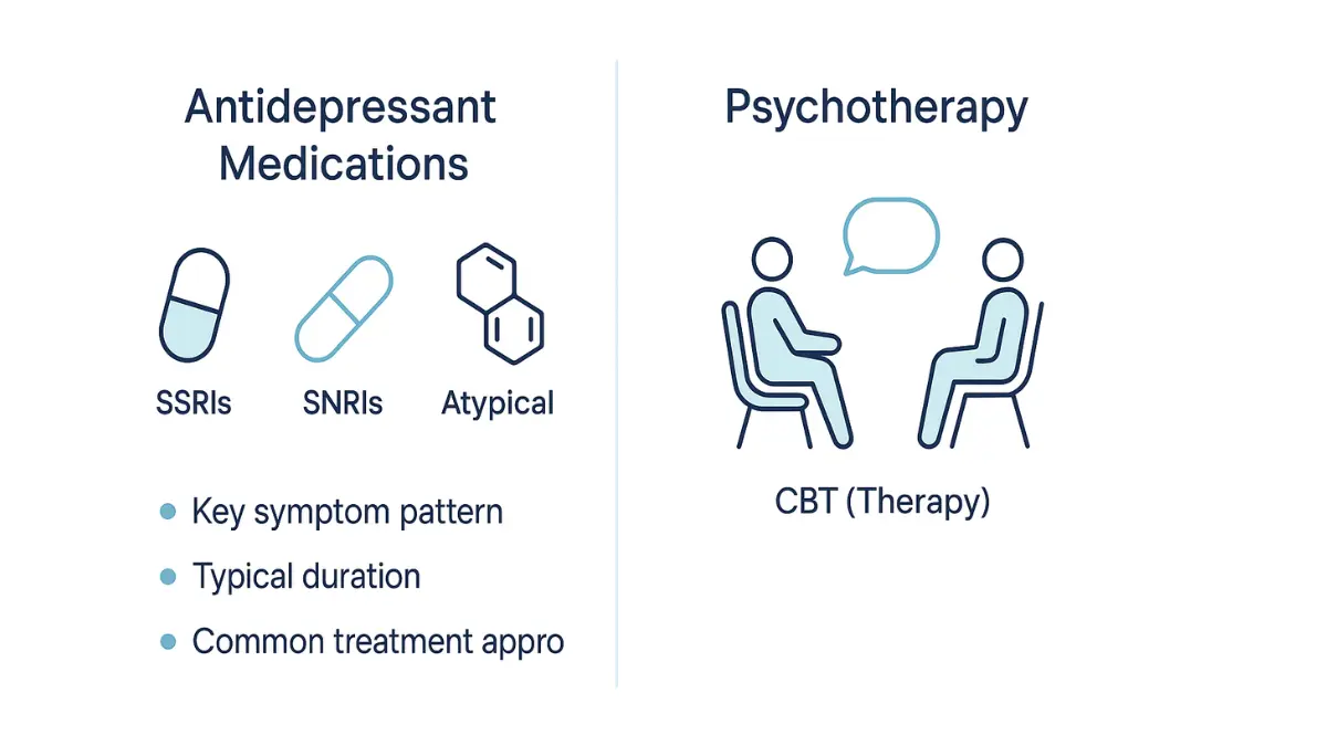 Depression treatment medical vector showing antidepressants CBT therapy TMS ECT options