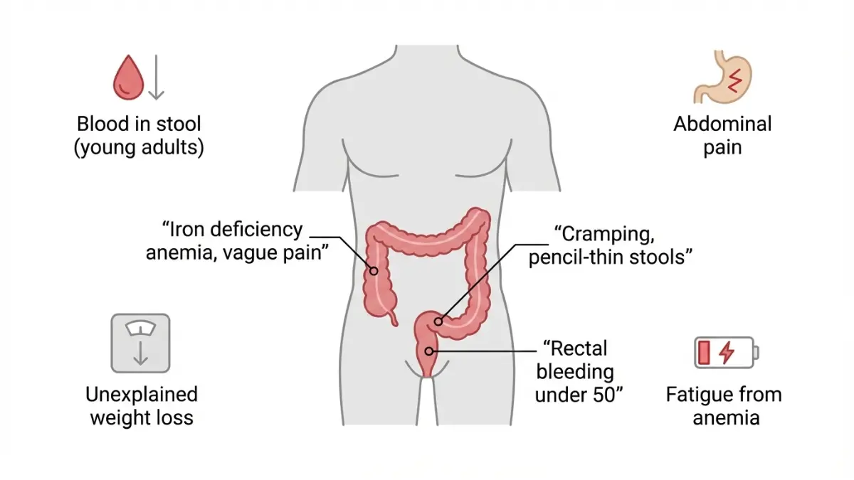 Medical anatomy diagram mapping early colorectal cancer symptoms showing 1 in 5 cases under 50 with symptom locations in the colon