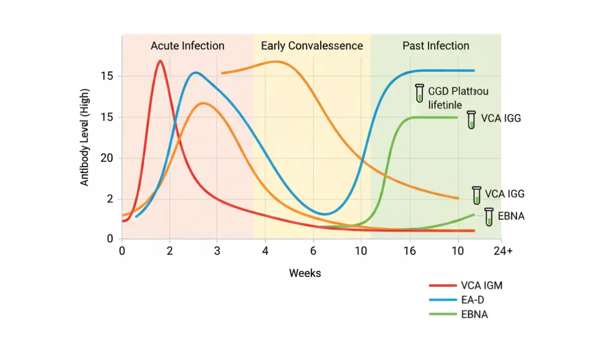 Medical graph showing EBV antibody patterns over time including VCA IgM, VCA IgG, EA-D, and EBNA used to interpret EBV symptoms and diagnostic stages.
