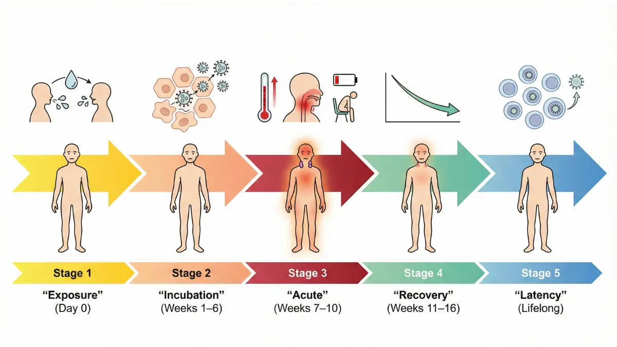 Medical timeline infographic showing EBV infection stages and associated EBV symptoms across exposure, incubation, acute phase, recovery, and lifelong latency.